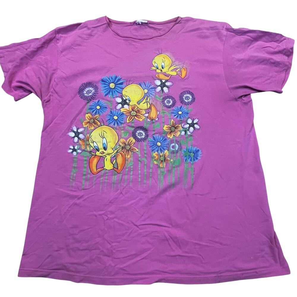 Vintage Tweety Bird Floral Graphic‎ T Shirt Pink Looney Tunes Cartoon Women 1XL